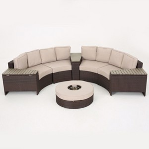 GDFStudio Outdoor Wicker Half Round 4 Seater Sectional Set with Ice Bucket Ottoman - 1 of 4