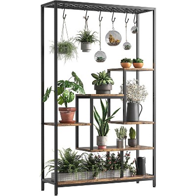 Acekool 5-Tier Tall Indoor Plant Stand, 70.9" Metal Plant Shelf with Hooks, Multi-Purpose Display Rack for Living Room, Balcony, Garden, Brown
