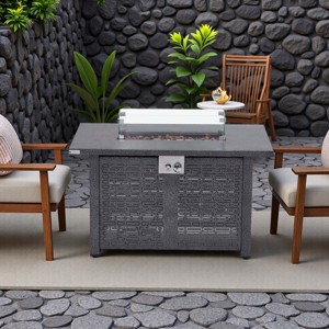 FURNIinspire Outdoor Fireplaces Backyard Rectangular Hollow Iron Stove with Glass Cover, Outdoor Heater, Patio Fire Pit, Gray, 24.8"*41.7"*24" - 1 of 4