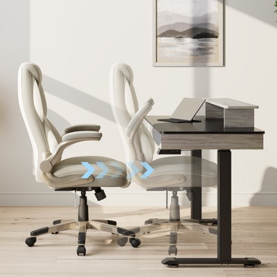 Off-White Faux Leather Executive Swivel Office Chair with Adjustable Arms