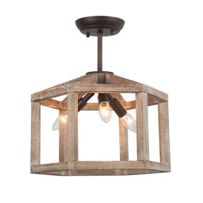 LNC Quaint 3-Lights 14-in Grayish White Wood and Rustic Bronze LED Semi-flush Mount Lightsing