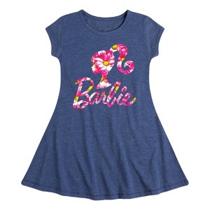 Girls' - Barbie - Pink Daisy Pattern Logo Fit & Flair Cap Sleeve Dress - 1 of 2