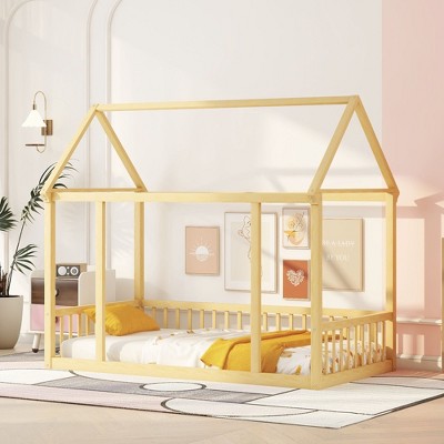 NicBex Twin/Full Size Kids Montessori Bed with House Roof Frame,Floor Bed with Safety Guardrails,Toddler bed for Bedroom,Gray/White/Brown