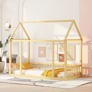 CAVINAS Twin/Full Size Kids Montessori Bed with House Roof Frame,Floor Bed with Safety Guardrails,Toddler bed for Bedroom,Gray/White/Brown - 1 of 4