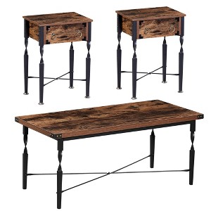 VECELO 3-Piece Coffee Table Set with Storage Drawers, End/Side Table Set for Living Room or Office, Industrial Metal Frame, Brown - 1 of 4