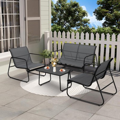 homfan 4 Piece Patio Conversation Set,Outdoor Conversation Set w/ Chairs and Glass Top Coffee Table,One Love Seat,Two Single Chairs and One Table
