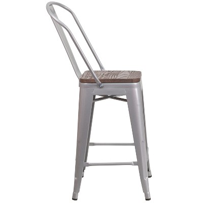 Silver Metal Counter Stool with Curved Slatted Back and Textured Wood Seat