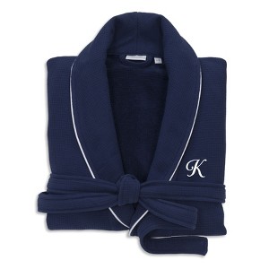 Linum Home Textiles Hotel 100% Turkish Cotton Waffle Terry Personalized Navy Bathrobe with Satin Piped Trim in White Script Font - 1 of 1