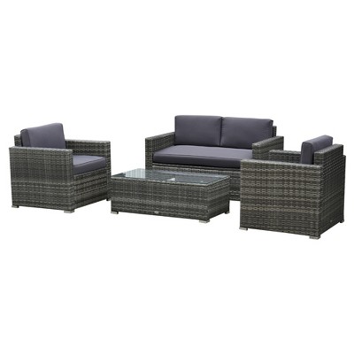 Outsunny 4-piece Rattan Wicker Furniture Set, Outdoor Cushioned ...