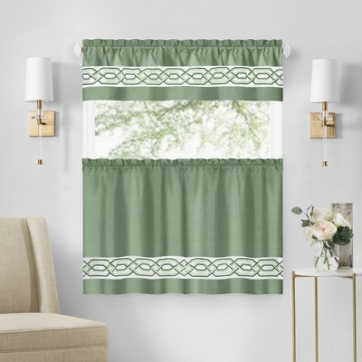 Sage Green Polyester Rod Pocket Kitchen Curtain Set, 24-inch Long