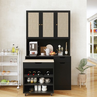 69.29"H Triamine Modern Tall Buffet Cabinet with Kitchen Cart, Adjustable Shelves and 3 Rattan Doors for Kitchen, Dining Room or Living Room