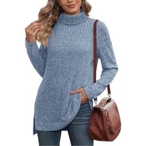 Women's Fall Winter High Neck Ribbed Knit Top - Loose Fit T-Shirt with Side Slits - 1 of 3