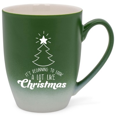 Elanze Designs It's Beginning To Look A Lot Like Christmas Two Toned Ombre Matte Green and White 12 ounce Ceramic Stoneware Coffee Cup Mug