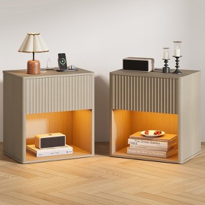 Night Stand Set 2, Nightstands w/Charging Station & LED Light, Fluted Bedside Table with Drawer Storage, End Table for Bedroom Living Room Sofa, Oak - 1 of 4