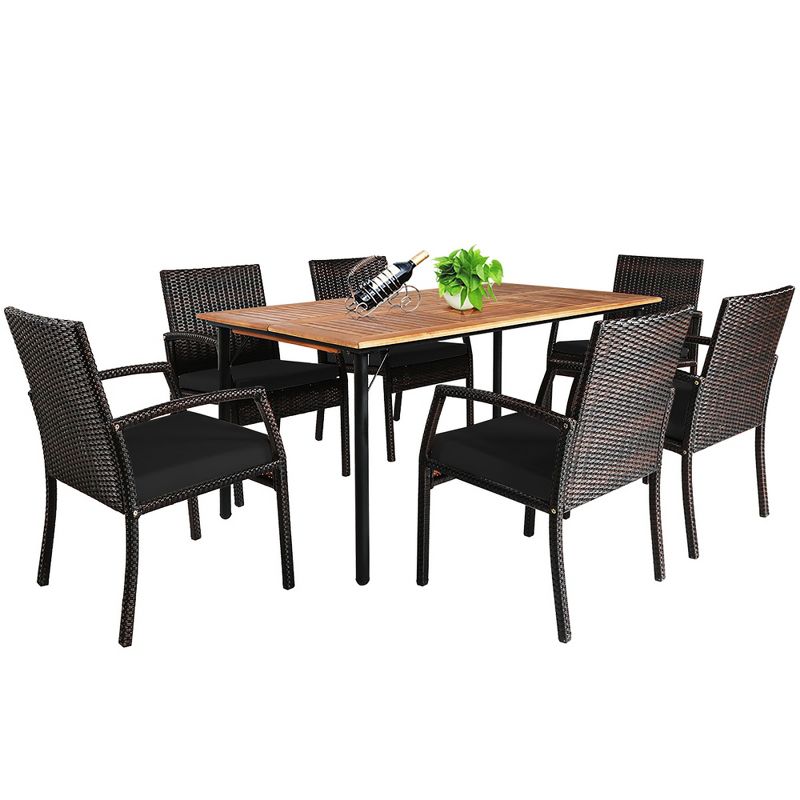 Costway 7PCS Patio Rattan Dining Chair Table Set with  Cushion Umbrella Hole Black/Navy, 4 of 10