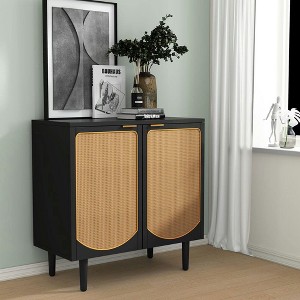 Resenkos Rattan Accent Cabinet with 2 Doors, Boho Sideboard Buffet Cabinet with Storage, Modern Black Credenza, Black - 1 of 4