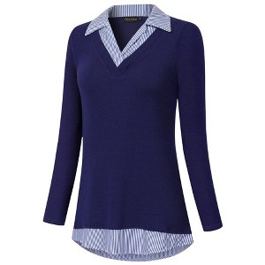 Women's Short Sleeve V-Neck Contrast Collared Shirts Patchwork Work Blouse Tunics Tops - 1 of 4