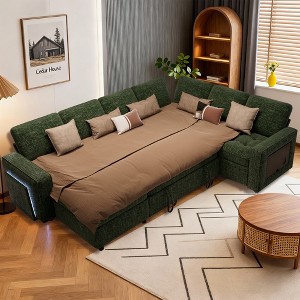 Vipbear 7 Seat L-Shaped Modular Sectional Sleeper Sofa Bed with Ottoman/Pull Out Bed/Reclining Backrest/USB Ports/Table/LED Light,Tool-Free Assembly - 1 of 4