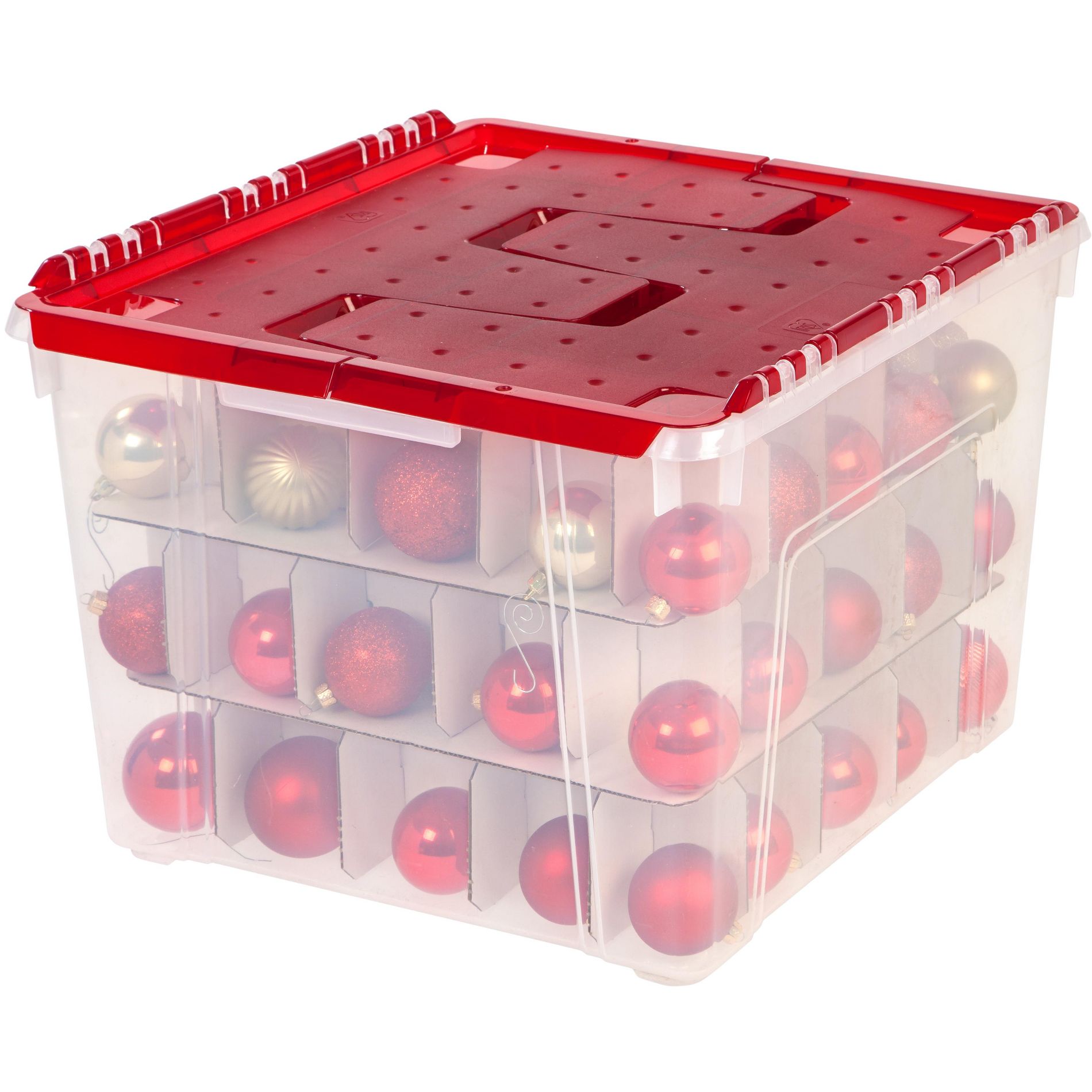 IRIS USA 2Pack 60qt Plastic Christmas Ornament Storage Box with Hinged Lid and Dividers, Red, Holiday Color