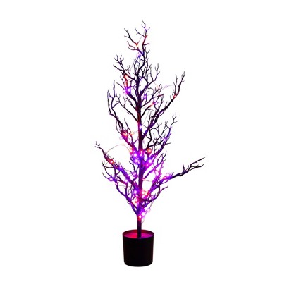 Nearly Natural 3-ft Pre-Lit Artificial Halloween Black Spooky Twig Tree with 100 Orange & Purple Copper Wire String LED Lights