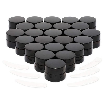 Juvale 24 Pack 5ml Amber Glass Cosmetic Jars with Lids and 6 Spatulas for Beauty Products, Samples, Lip Balm, 1.4x1 in