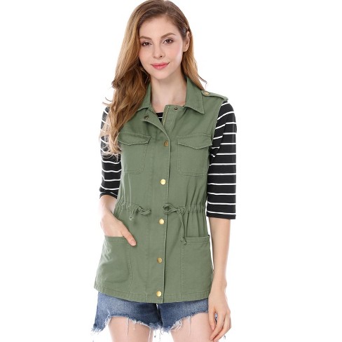 Allegra K Women's Zip Up Sleeveless Jacket Utility Anorak Outwear Cargo  Vest Green Large