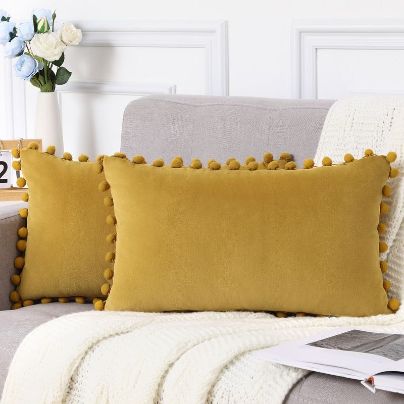 2 Pieces Decorative Velvet Throw Pillow Covers with Pom Pom Design, 1 of 6