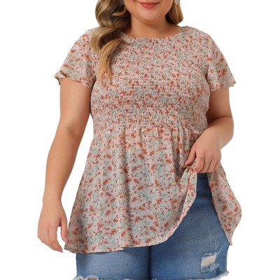 Agnes Orinda Women's Plus Size Ruffle Sleeve Smock Waist Ditsy Floral Peplum Chiffon Casual Blouses