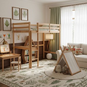 Whisen 78.60''L × 43.40''W Twin High Loft Bed, Rubber Wood Loft Bed with Ladder, Safety Guardrail and built-in desk - White Oak - 1 of 4