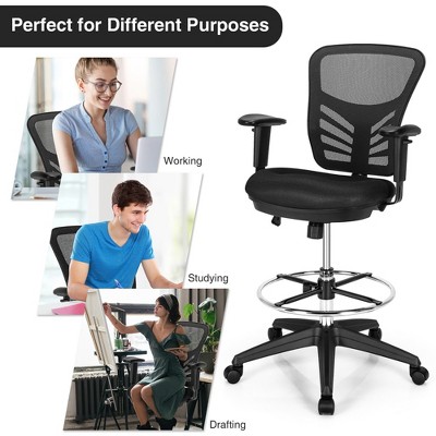 Black Mesh Adjustable Swivel Drafting Chair with Foot-Ring