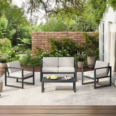 Coolbibila 4 Piece Modern Patio Furniture Set,Conversation Sets For Patio with Cushions,Aluminum Frame Slat Dining Table and Garden Arm Chair