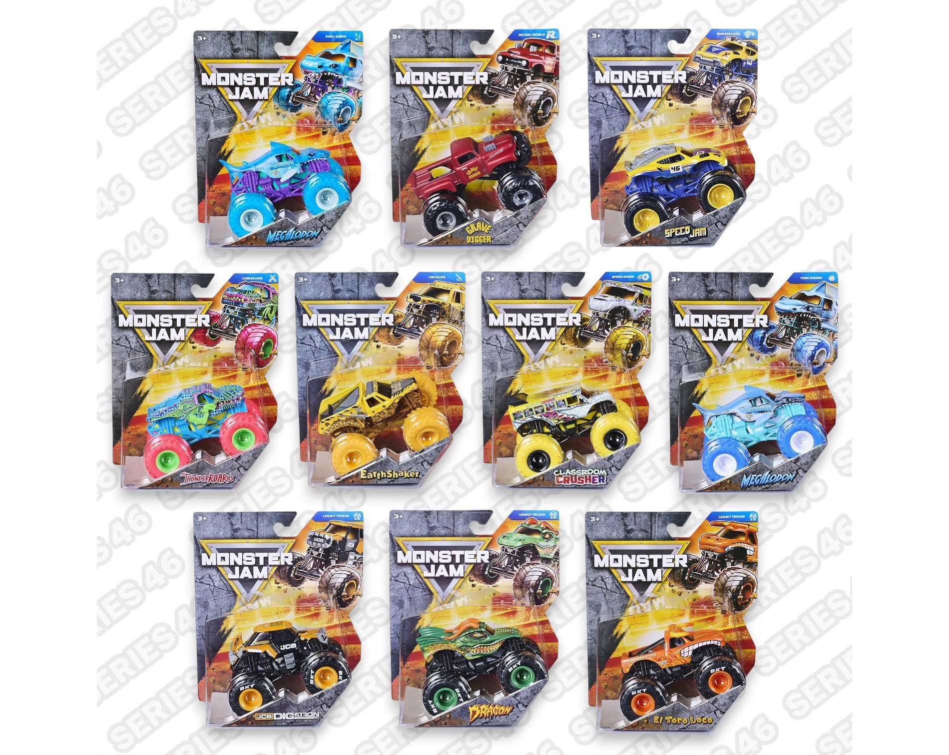 Monster Jam 1:64 Scale Diecast Truck Series 46 Complete Set with 10 Trucks [2026] with Grave Digger, Megalodon, El Toro Loco & JCB DIGatron
