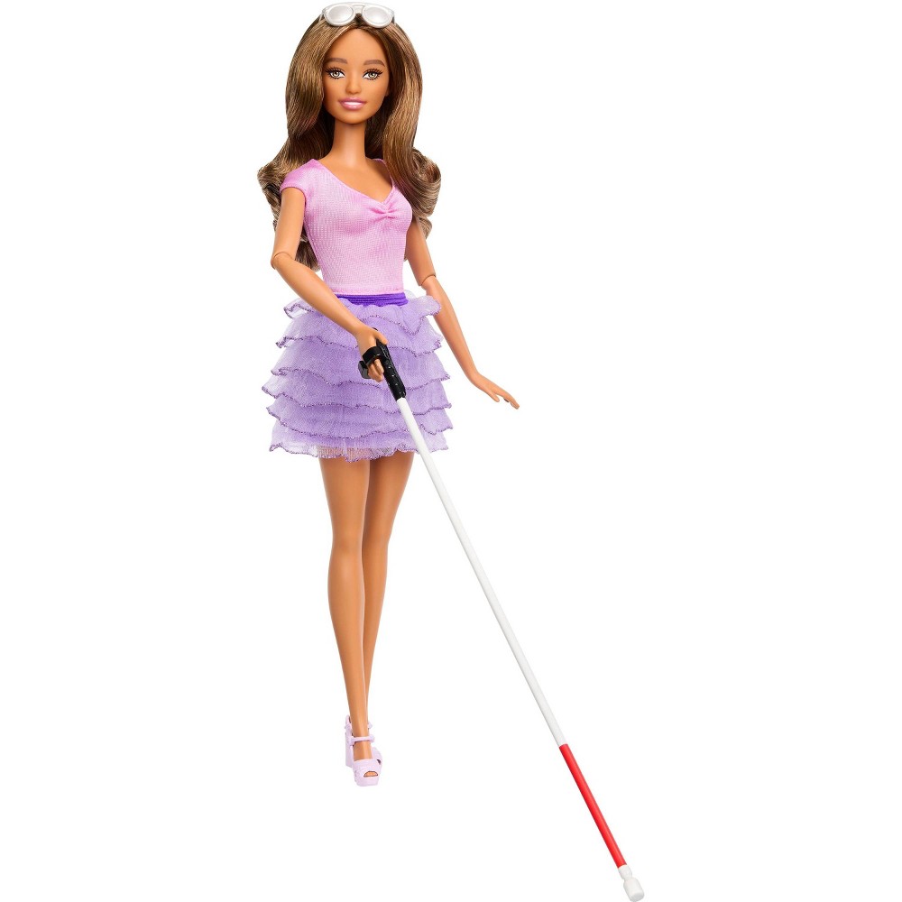 Barbie 11.5 Fashionistas Doll Brown Hair/Brown Eyes Blind Doll Wearing Pastel Outfit with Cane and Sunglasses