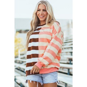 Brown Stripe Color Block Drop Shoulder Pullover Sweatshirt - 1 of 4