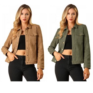 INSPIRE CHIC Women's Turn-Down Collar Flap Pockets Snap Button Faux Suede Jacket 2 Packs - 1 of 4