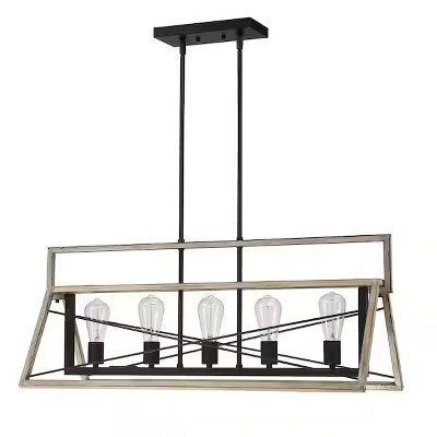 5-Light Matte Black and Barnwood Industrial Triangle Cage Chandelier