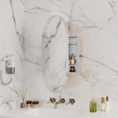 20X34" Oval Recessed Medicine Cabinet,Metal Framed Bathroom Wall Cabinet With Mirror And Adjustable Shelves,Bathroom Storage Cabinet-Cuddlewood