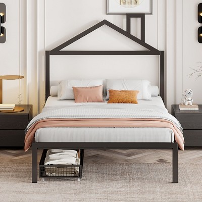 Okak Platform Bed Frame with House-Shaped Headboard and 2 Drawers Metal Storage Bed No Box Spring Needed Easy Assembly