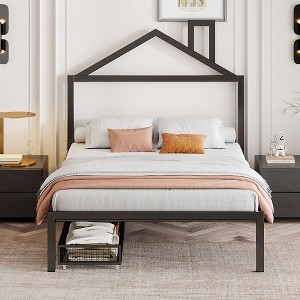 Okak Platform Bed Frame with House-Shaped Headboard and 2 Drawers Metal Storage Bed No Box Spring Needed Easy Assembly - 1 of 4