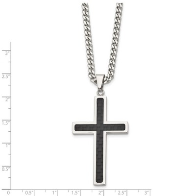 Men's Stainless Steel and Black Carbon Fiber Cross Pendant Necklace