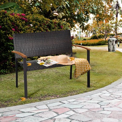 Weather-Resistant Black Wicker Loveseat with Acacia Wood Armrests