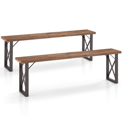 Tangkula 59" Outdoor Acacia Wood Benches Set of 2 for 2-3 Person w/ Metal Support
