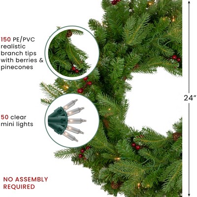 24" Pre-Lit Mixed Winter Berry Pine Artificial Christmas Wreath