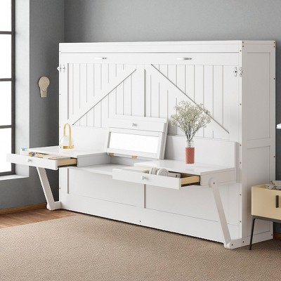 Mshliw Queen Size Wall Murphy Bed with Foldable Cabinet, Vanity Desk, Center Mirror and Side Drawers, Space-Saving Storage Bed