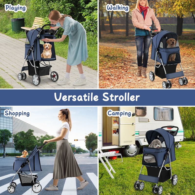 Tangkula 4 Wheels Pet Stroller Folding Cat Dog Stroller W/Storage Basket & Tray Adjustable Canopy All-Terrain EVA Wheels Foldable Cart, 3 of 10