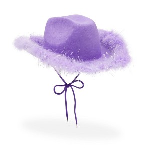 Zodaca Womens Cowboy Hat - Cute, Fluffy, Sparkly Cowgirl Hat with Feathers for Halloween, Birthday, Bachelorette Party (Purple) - 1 of 4