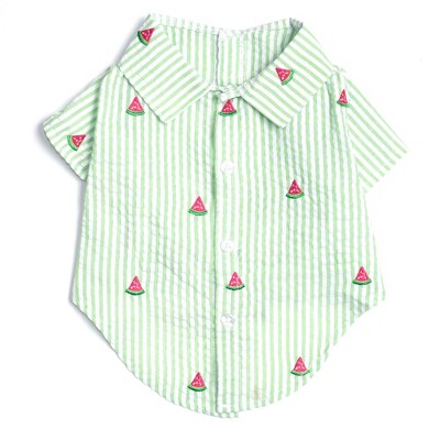 The Worthy Dog Embroidered Watermelon Stripe Seersucker Button Up Look Pet Shirt