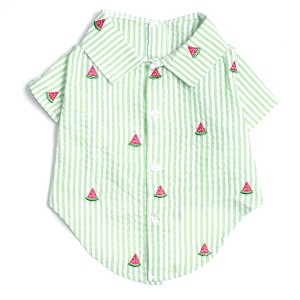 The Worthy Dog Embroidered Watermelon Stripe Seersucker Button Up Look Pet Shirt - 1 of 3