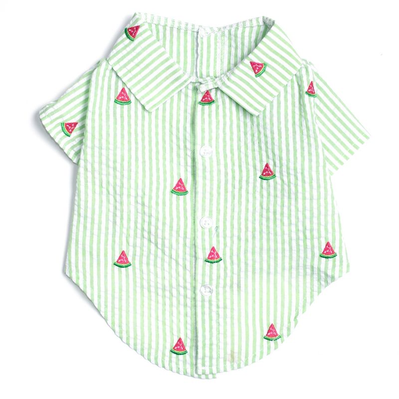The Worthy Dog Embroidered Watermelon Stripe Seersucker Button Up Look Pet Shirt, 1 of 4