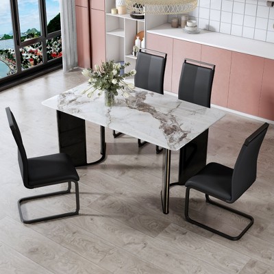 NicBex 5 Piece Dining Table Set for 4 with Imitation Marble Tabletop,4 White Chairs with Black/Gold Metal Legs